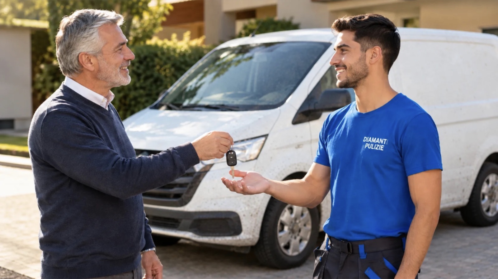 Un cliente affida le chiavi a un operatore Diamant Pulizie davanti al furgone aziendale